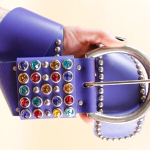 80s Vtg Blue Periwinkle Wide Leather Belt Silver Big  display picture 1