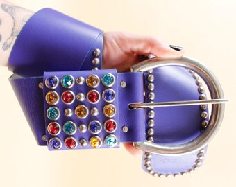 80s Vtg Blue Wide Leather & Snakeskin Belt Punk Metal New  display picture 1
