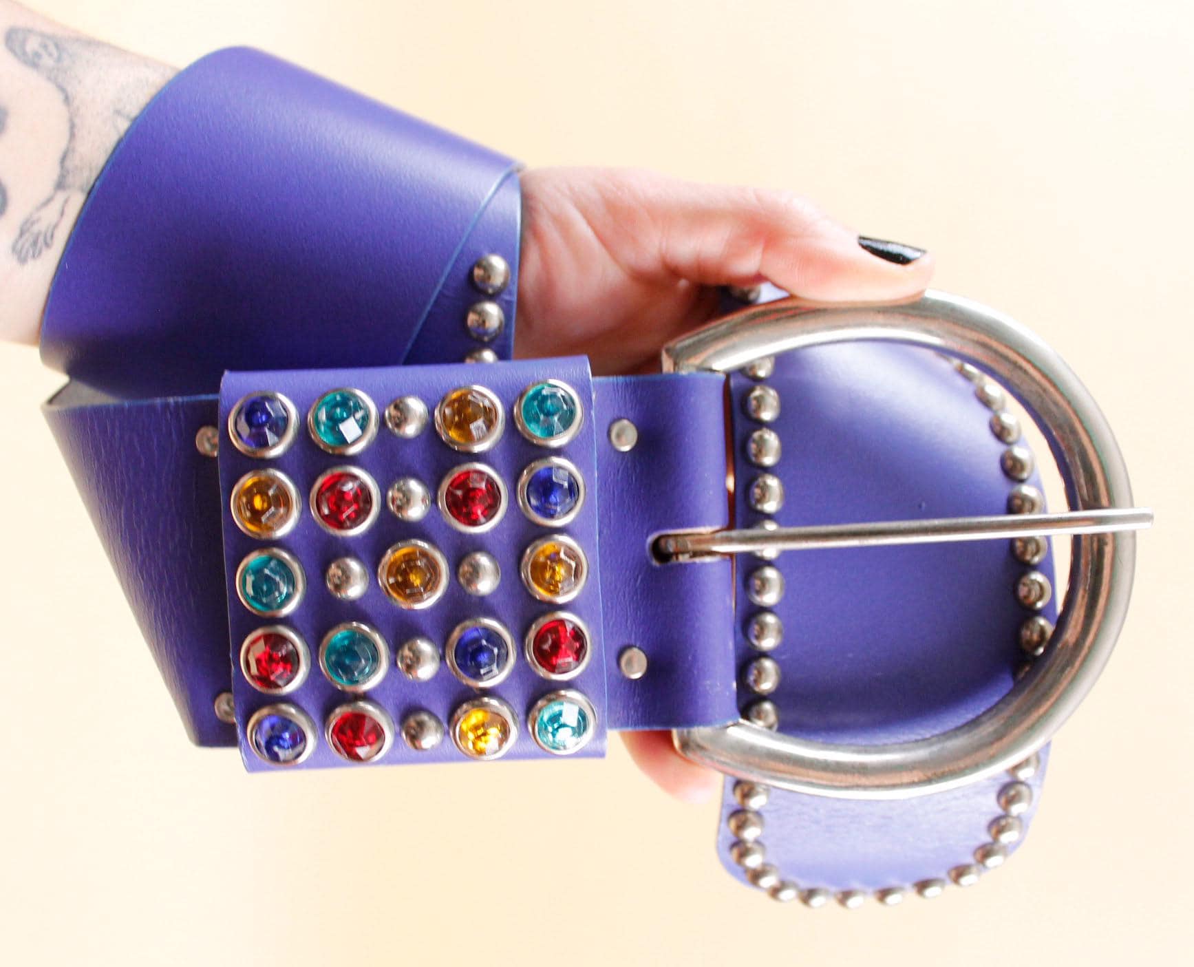80s Vtg Blue Periwinkle Wide Leather Belt Silver Big Rhinestone 80s Vtg Blue Periwinkle Wide Leather Belt Silver Big Rhinestone
