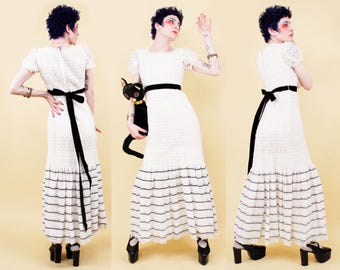 50s Vtg White Lace Black Velvet Ribbon Floor Length Tiered Maxi Dress Little Bo Peep XXS B30-32" W23" H34"