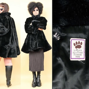80s Vtg Black Super Plush Faux Fur Swing Tented Jacket Heavy Coat Chubby Stroller Made in France Unisex tag Medium fits up to 3X