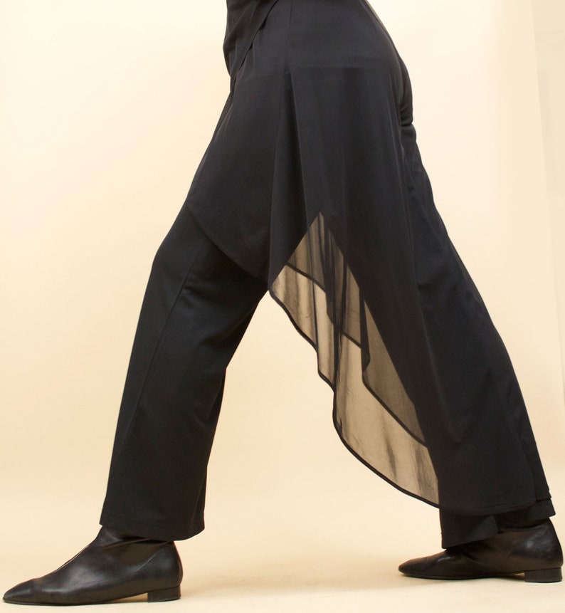 90s Vtg Jet Black Pantsuit Wide Leg Cascading Sheer Overlay Layered Avant Garde Minimalist Mod Jumpsuit tag 14 fits 12 Large