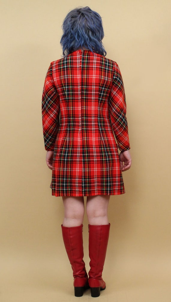 60s Vtg Plaid Red Tartan Wool Mini Dress Long Sle… - image 10