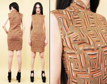 50s 60s Vtg Orange & Brown Stripe Abstract Shape Mod Knit Cheongsam Mandarin Collar Dress Short Sleeve Women's Xxs Xs | B31" W24" H32"