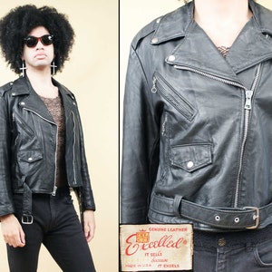 70s Vtg Black Leather Motorcycle Jacket Biker Moto Punk Metal  Made in USA Excelled Men&#39;s Large