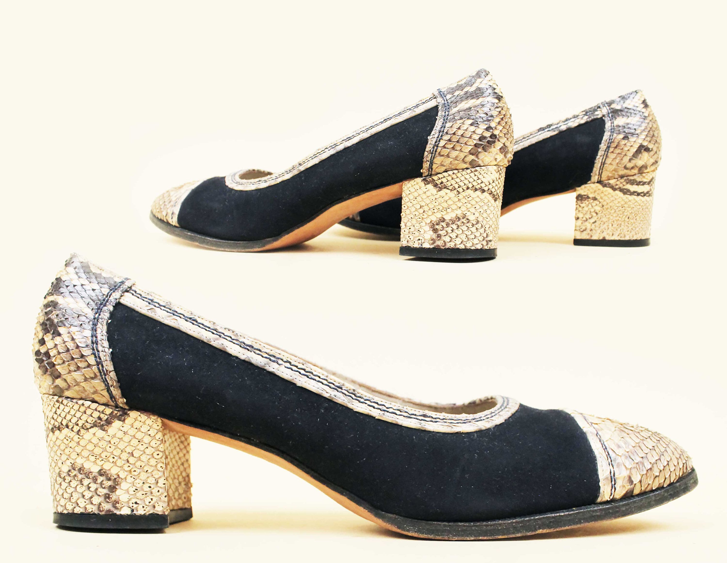 60s Vtg Python Snakeskin & Black Suede Leather Slip on Mod Chunky 