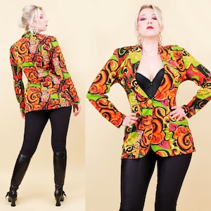 80s 90s Vtg Psychedelic Abstract Pattern Stretch Cotton Fitted Blazer Jacket Coat Tape Measure Women's tag S B34-36" W28-30" H38-40" L28"