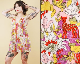 60s Vtg Leopard Cat Print Jungle Pink Purple Orange Nylon Baby Doll Mini Dress Xs-Sm B34-36" W32" H38" L30.5" Petite