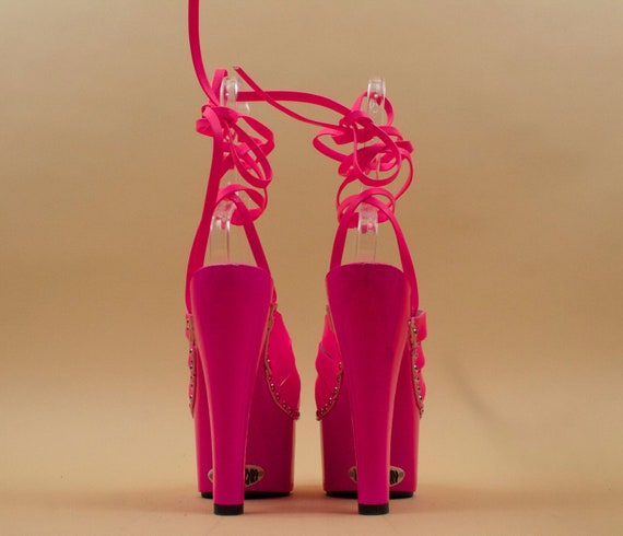 90s Vtg Pink Strappy Wood Lacquered Platform High… - image 7