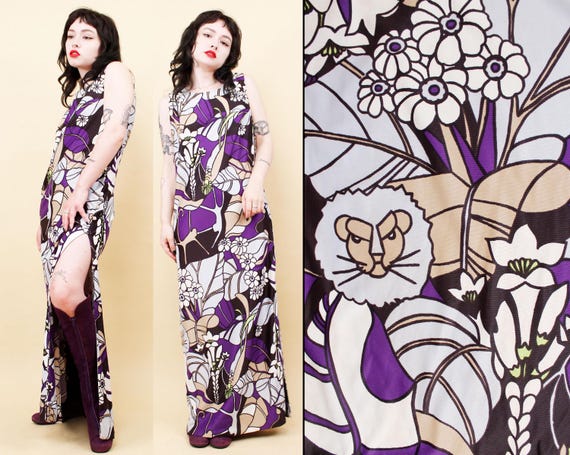 60s Psychedelic Maxi Dress: Vintage Floral Lion P… - image 1