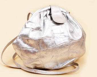 80s Vtg Silver Metallic Leather Purse Crossbody Shoulder Bag New Wave Punk 9" x 8"