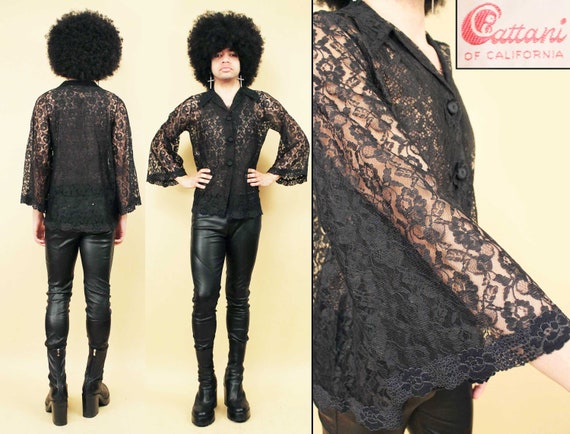 60s Vtg Cattani of California Black Lace Sheer Be… - image 1