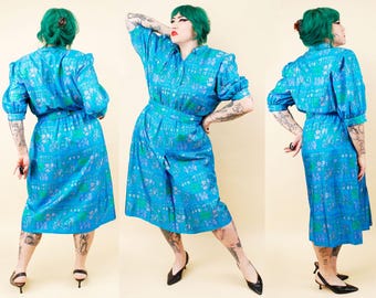 80s Vtg Silk Pattern Puff Sleeve Belted 1950s Style Dress Blue Purple Green Women's Plus Size XL 1X 14 16 B46" W34-36" H48" L46"