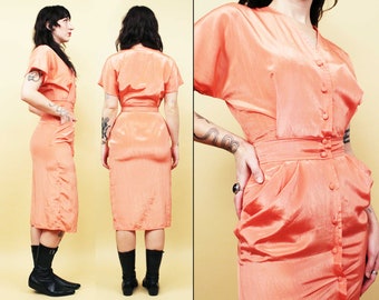 80s Vtg Coral Pink Salmon Button Up Silky Dress Made in The UK 1940s Style Peplum Pocket Short Sleeve Women's Xs