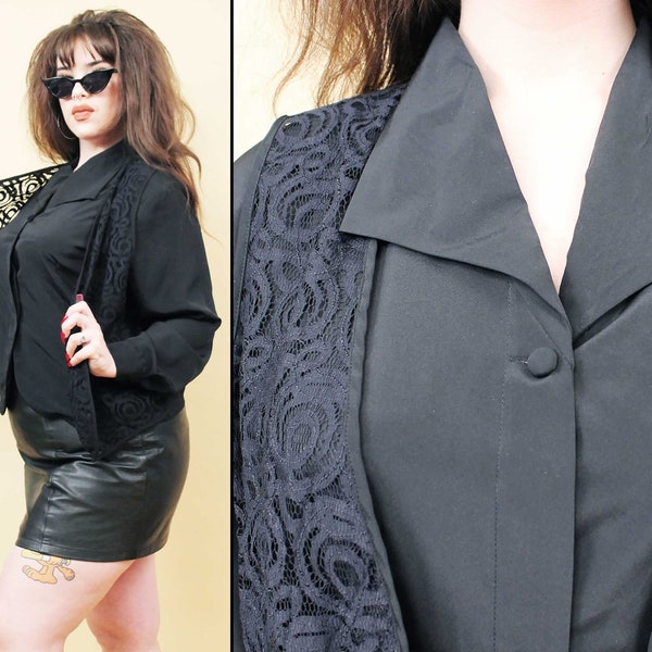 80s Vtg Black Lace Button Up Collared Shirt Blouse Built in Vest Women's Plus Size Goth New Romantic tag 18 1X 2X 16