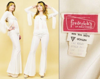 60s 70s Vtg Fredericks of Hollywood 2pc Satin Pant Suit Long Fringe Rock N Roll Glam Bride Wedding Women's Xxs Xs