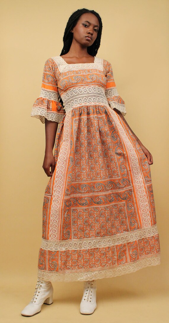 60s 70s Vtg Orange Paisley White Lace Mexican Wed… - image 5