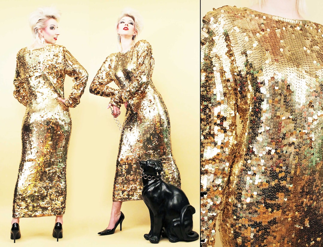 80s Does 50s Vtg Gold Sequin Knit Lambswool Gown Long Sleeve Dress Bombshell Burlesque Drag