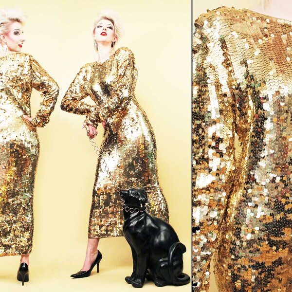 80s does 50s Vtg Gold Sequin Knit Lambswool Gown Long Sleeve Dress Bombshell Burlesque Drag Queen Formal Cocktail Party Holiday Women's Sm