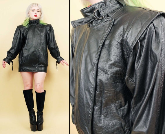 80s Vtg Black Leather Buckle Straight Jacket Mockneck Bubble