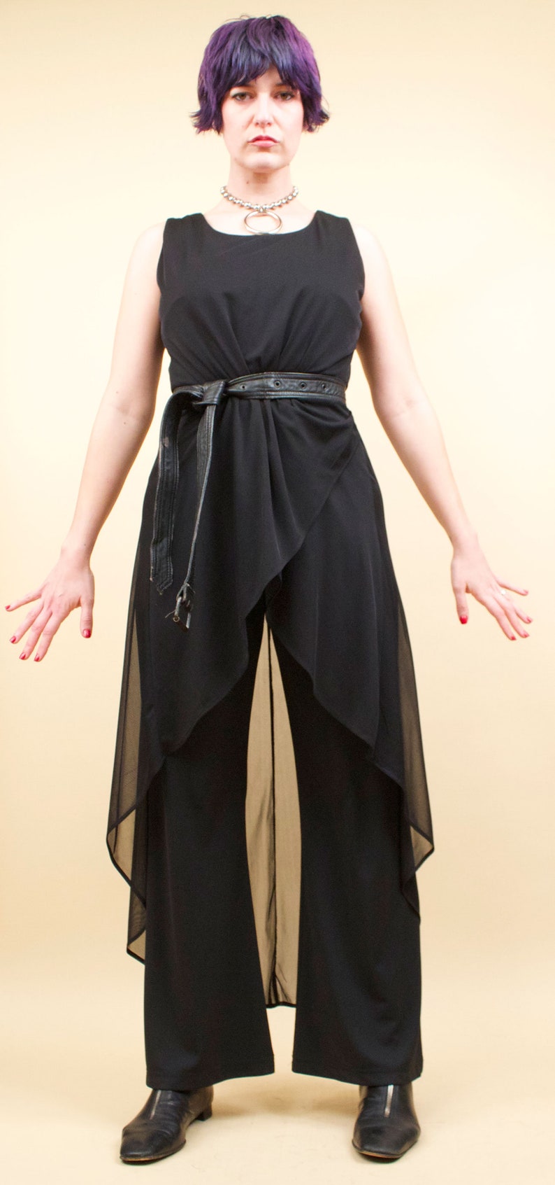 90s Vtg Jet Black Pantsuit Wide Leg Cascading Sheer Overlay Layered Avant Garde Minimalist Mod Jumpsuit tag 14 fits 12 Large