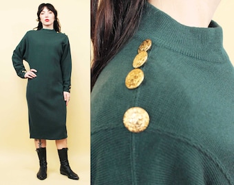 80s Vtg Knit Lambswool Blend Forest Green Batwing Sweater Dress Mockneck Gold Military Style Shoulder Buttons Women's tag Large