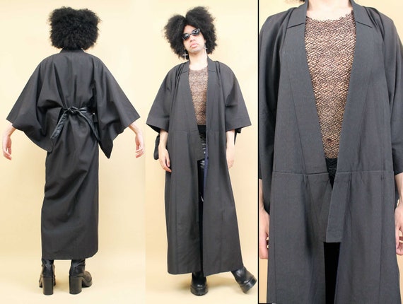 60s Vtg Black Heavy Weight Kimono Boxy Robe Japan… - image 1