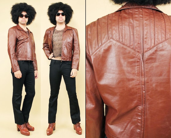70s Vtg Brown Leather Zip up Collared Jacket Straight Cut Coat