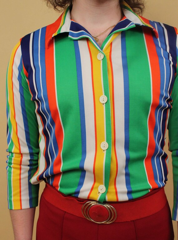 70s Vtg Primary Colors Vertical Striped Button Up… - image 6