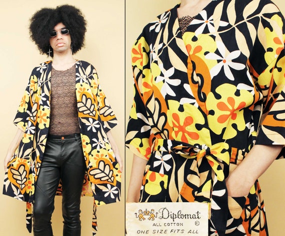 60s 70s Vtg Black Yellow Orange Mod Cotton Psyche… - image 1