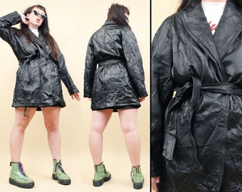 90s Y2K Vtg Black Leather Patchwork Belted Trench Coat Plus Size Women's XXL 14 16 18