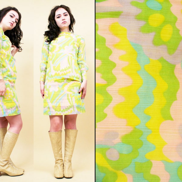 60s Vtg Psychedelic Pastel Gauze Cotton Mini Shift Dress Poet Sleeve Mod Bib Scooter Dolly Go Go Acid Trip Rainbow Xs Petite Junior