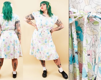 70s 80s Vtg Pastel Pink Blue Floral Bows Scoop Neckline Cotton Australian tag 20 Belted Dress Plus Size Volup L-XL B42" W40" H42" L42"