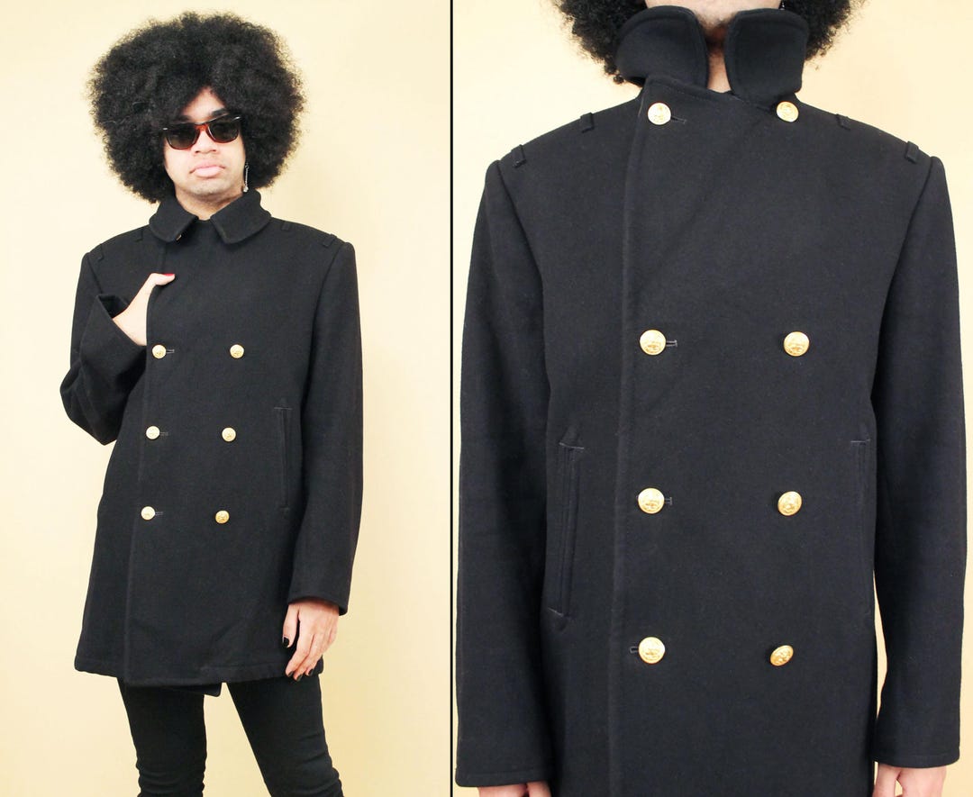 60s Vtg Black Wool Pea Coat Gold Anchor Military Button Sailor