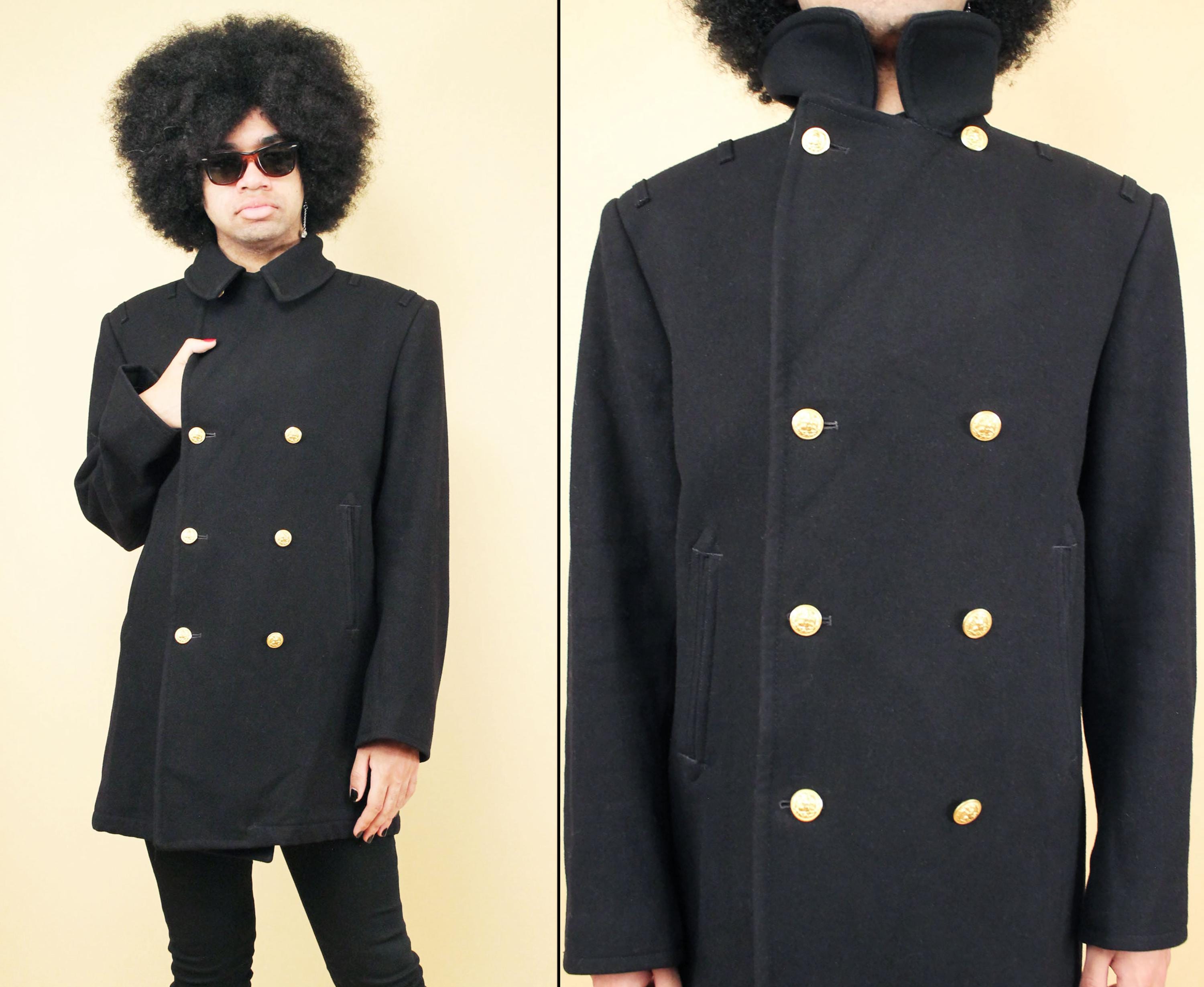 60s Vtg Black Wool Pea Coat Gold Anchor Military Button Sailor