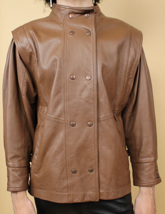 70s 80s Vtg Brown Leather Jacket Futuristic Snap Button