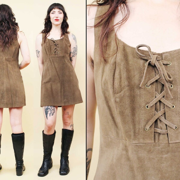 90s does 60s 70s Vtg Genuine Leather Suede Brown Corset Mini Dress Sleeveless Jumper Biker Glam Rock Hippie Women's tag 9 Small