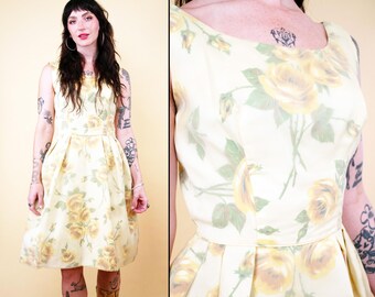 50s floral print flare combo dress 1950s Floral Print Fit & Flare Dress: Yellow Green Vintage Pin Up (XS-SM  B34
