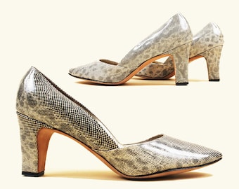50er 60er Vtg Schwarz Weiß Patent 100% Leder Schlangen Print High Heel Pump Andrew Geller Damen US 7 EU 37,5