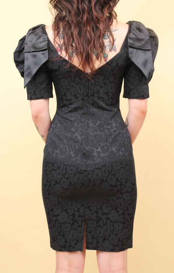 80s Vtg Black Brocade Tapestry Mini Dress Puff Sl… - image 5