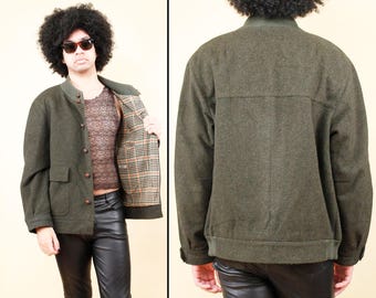 Jaren 70 VTG Duitse wol alpaca legergroen button-up karwei jas geruite voering jacht utility militaire bommenwerper heren groot B42" W42" H42" L26"