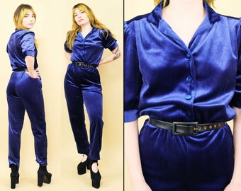 80s Vtg Blue Velvet Jumpsuit Collared Short Sleeve Button Front Women's Small B36" W30" H34-38"