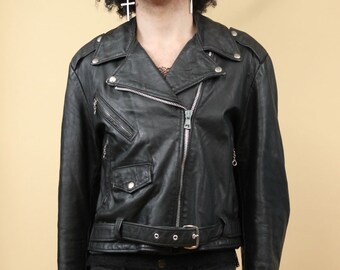 70s Vtg Black Leather Motorcycle Jacket Biker Moto Punk