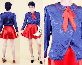 80s Vtg Blue Satin Sailor Moon Style Collar Blouse Shirt Button Up Nautical Dolly Women's Xs B34" W30" L22"