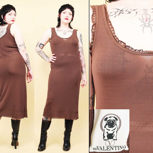 80s 90s Vtg Valentino Brown Knit Sheath Dress Sleeveless Slip Knee Length Italian Designer Women's S-M B32-40" W28-36" H34-42" L46"