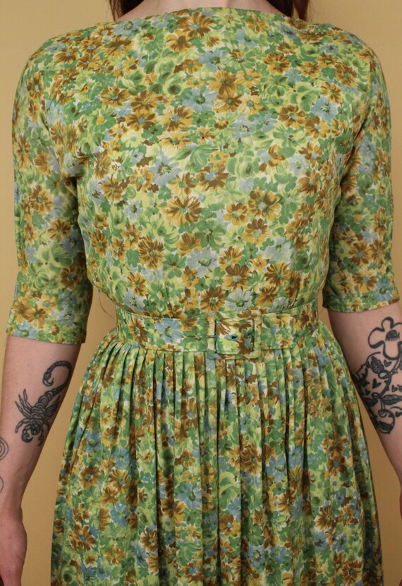 50s 60s Vtg Green Yellow Floral 3/4 Sleeve Day Dr… - image 7