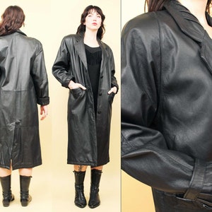 Trench-coat en cuir véritable noir VTG des années 80 et 90 avec col boutonné épaulettes pardessus veste pour femme petite