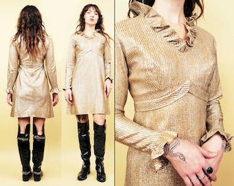 60s Vtg Gold Lurex Metallic Ruffle Collar & Cuff Mini Dress Space Age Mod Women's Xs Sm