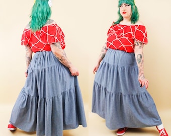 90s Vtg Carole Little Denim Chambray Lightweight Cotton Maxi Skirt with Adjustable Drawstring Waist fits L-XL Volup Plus W30-38" H50" L38"