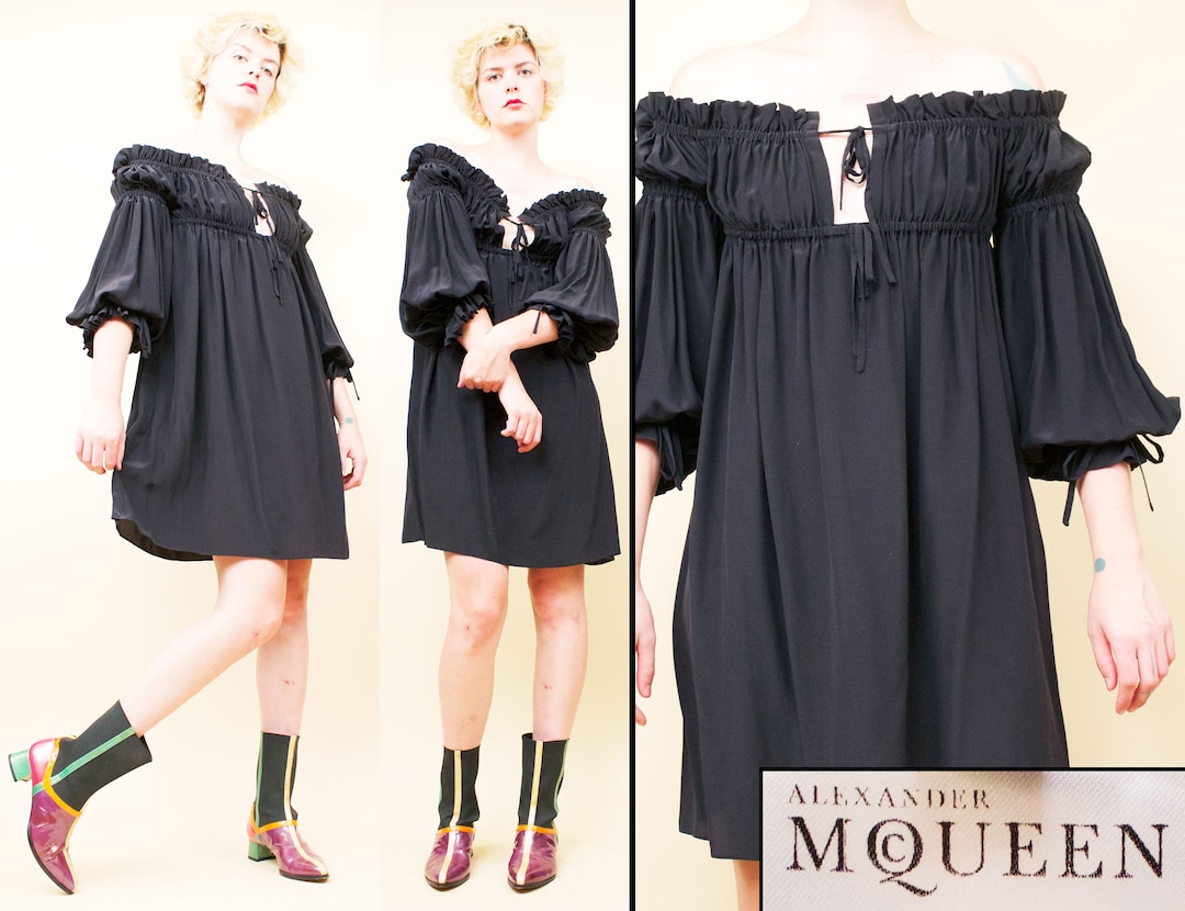 【VIP価格】ALEXANDER MCQUEEN Gathered Sleeve Dress Vtg Alexander Mcqueen Black 100% Silk Baby Doll Tented Swing